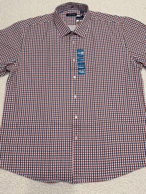 NWT Nautica Men's XXL Short Sleeve Performance Dress Shirt Red Blue Check 18-18.